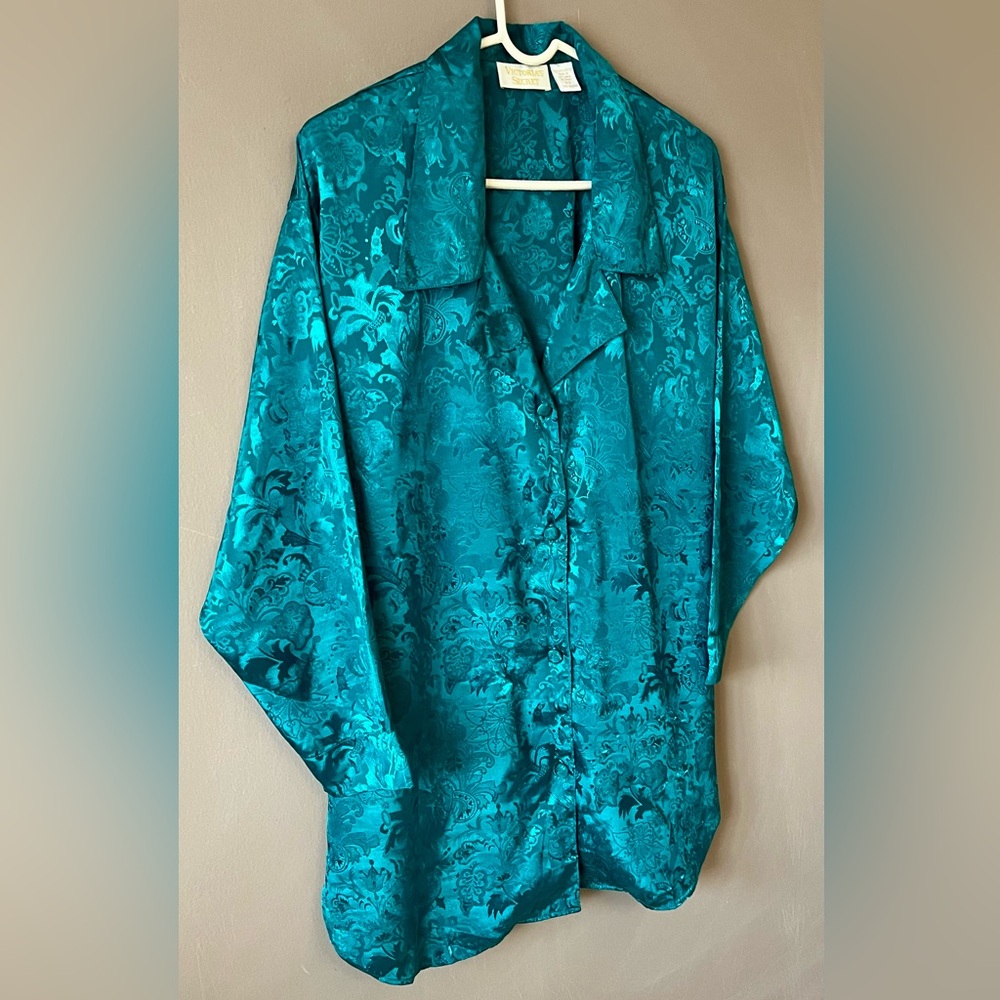 Vintage Victoria's Secret Gold Label Emerald Floral Damask Satin Sleep Shirt - Picture 6 of 10